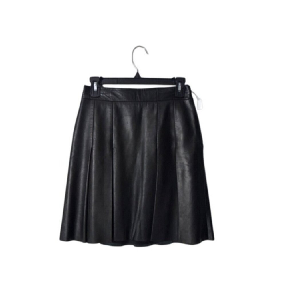 ANNE KLEIN Black Leather Pleated A-Line Skirt Size 8 Womens Professional Career
